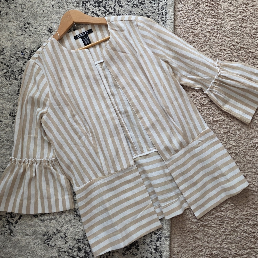 Preppy Cotton Blend 3/4 Bell Sleeve Open Blouse Womens S Cream Striped Womens S